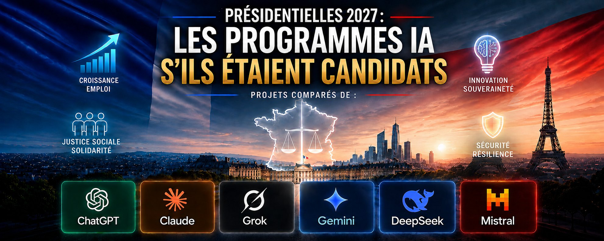 IA Candidats 2027 — Présidentielles 2027 : les programmes IA s'ils étaient candidats, comparés pour ChatGPT, Claude, Grok, Gemini, DeepSeek et Mistral