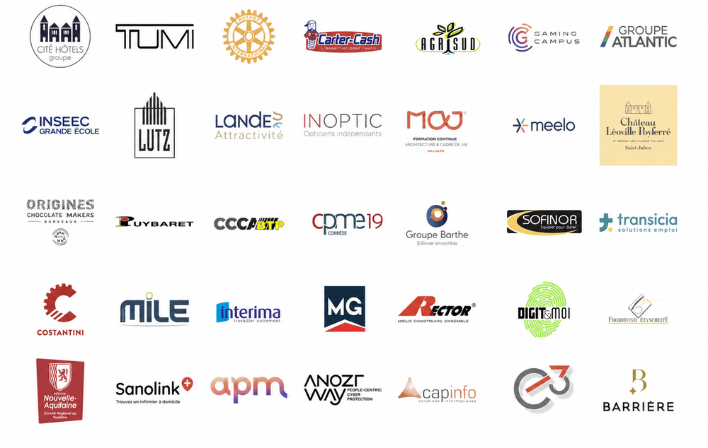 Références clients et partenaires de Digital Mate : Cité Hôtels, TUMI, Rotary International, Carter-Cash, Agrisud, Gaming Campus, Groupe Atlantic, INSEEC Grande École, Lutz, Landes Attractivité, Inoptic, MAJ, Meelo, Château Léoville Poyferré, Origines Chocolate Makers, Puybaret, CCCA-BTP, CPME 19 Corrèze, Groupe Barthe, Sofinor, Transicia, Costantini, MILE, Interima, MG, Rector, Digit&Moi, Froidefond Étanchéité, Région Nouvelle-Aquitaine, Sanolink, APM, Anozr Way, Cap Info, e3, Barrière.